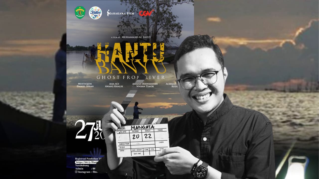 Kolase poster film pendek berjudul Hantu Banyu dan sang sutradara, Muhammd Al Fayed.